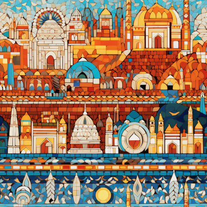 mosaic pattern, stained glass, architectural elements, domes, arches, geometric shapes, orange, turquoise, blue, cream, terra cotta, quilting cotton, fabric panel, medieval buildings, byzantine style, decorative tiles, warm tones, cool blues, artistic design, ornate structures