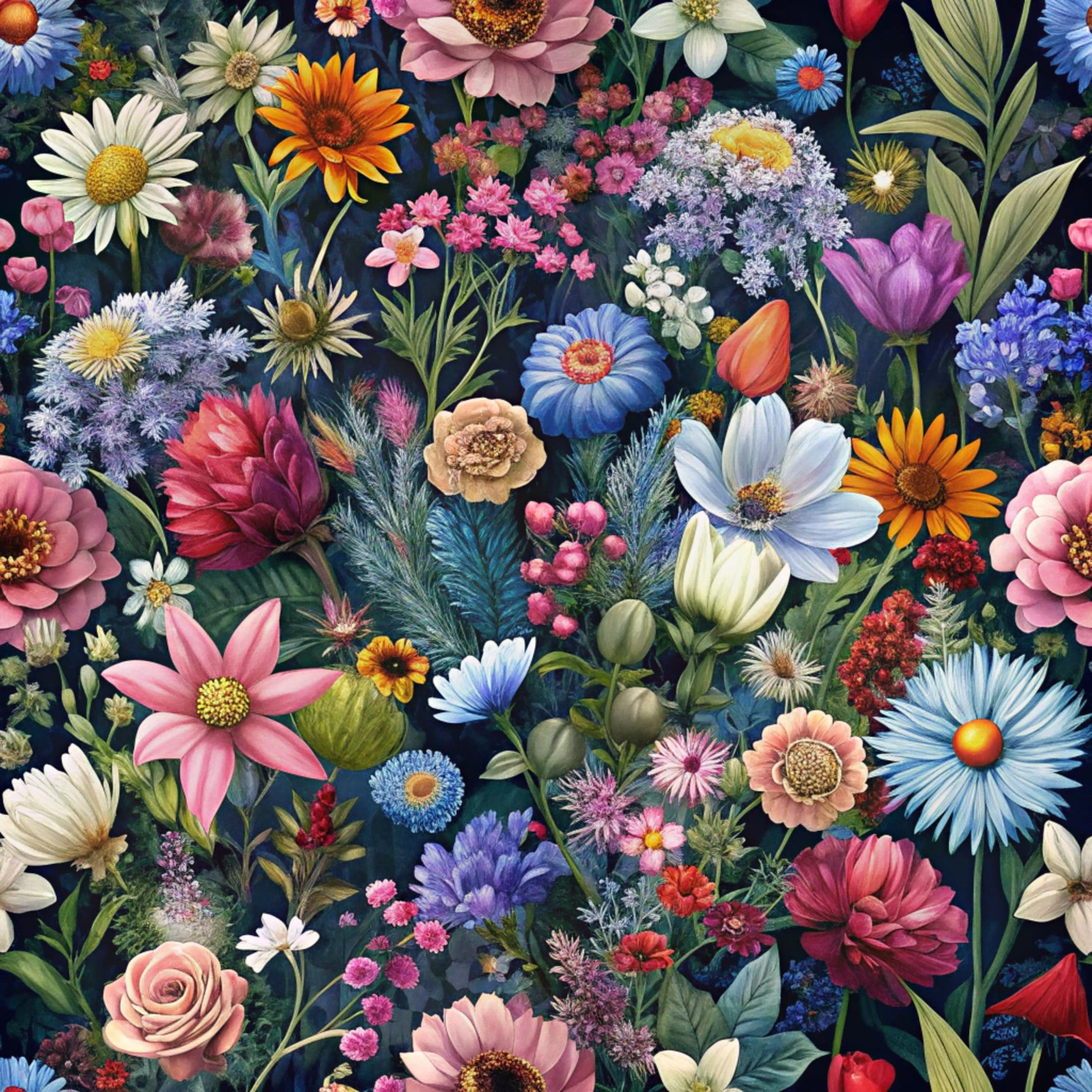 realistic flowers, botanical pattern, quilting cotton, fabric panel, floral design, daisies, roses, tulips, cosmos flowers, wildflowers, navy background, pink petals, blue blooms, white flowers, orange blossoms, purple florals, red roses, yellow centers, green foliage, dense floral, garden flowers, spring blooms, detailed illustration, naturalistic style, vibrant colors