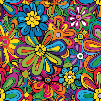 rainbow colors, hippie flowers, psychedelic pattern, vibrant blooms, retro florals, multicolored petals, groovy design, 1960s style, flower power, bright yellow, hot pink, electric blue, lime green, orange blossoms, purple flowers, quilting cotton, fabric panel, seamless repeat, bohemian motif, colorful daisies