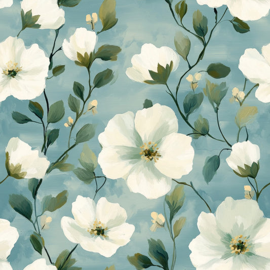 cornflower blue, white flowers, floral pattern, botanical design, green leaves, stems and branches, soft blue background, delicate blooms, nature motif, quilting cotton, fabric panel, watercolor style, gentle mood, spring flowers, scattered florals, organic shapes, pastel tones, feminine design, crafting material