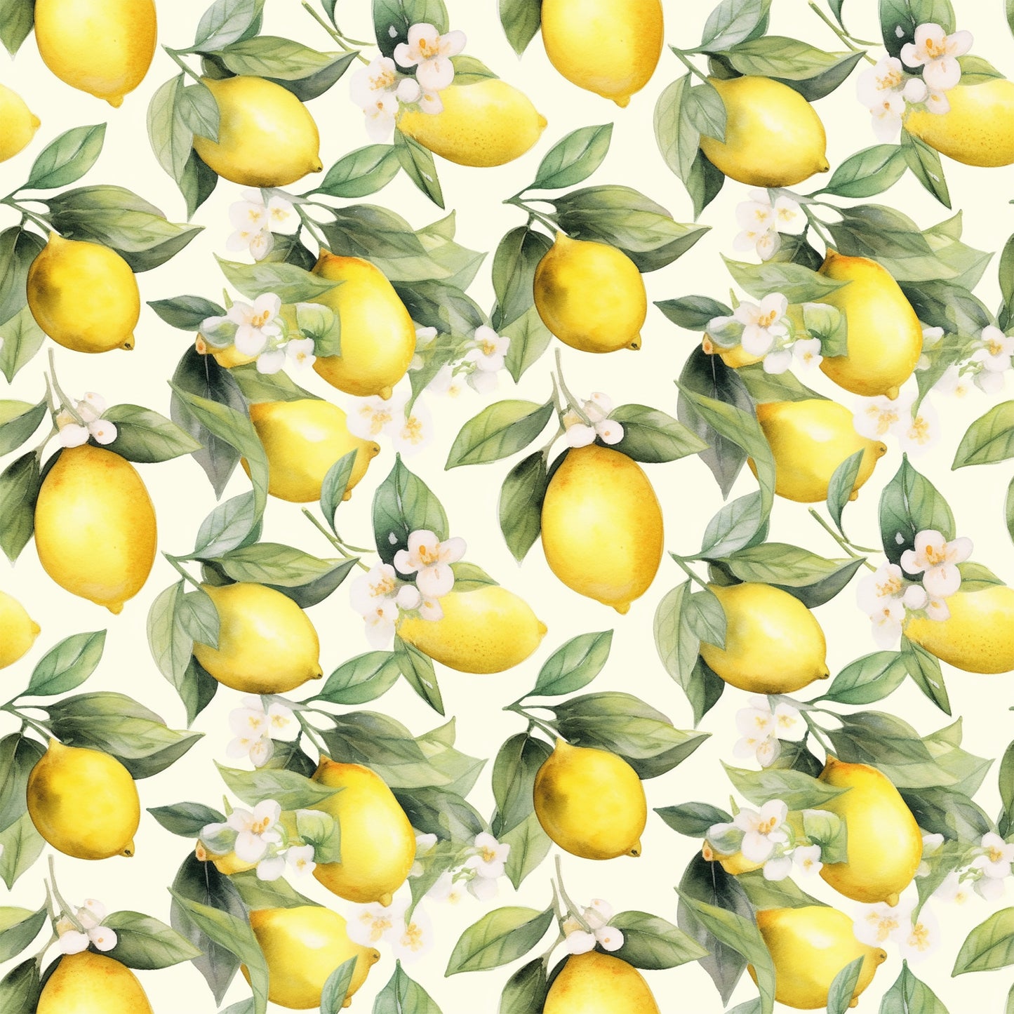 yellow lemons, green leaves, white flowers, cream background, citrus fruit, botanical pattern, repeating design, watercolor style, fresh spring, quilting cotton, fabric panel, floral elements, bright yellow, sage green, nature motif, garden theme, seamless repeat, artistic illustration, lemon blossoms, citrus grove