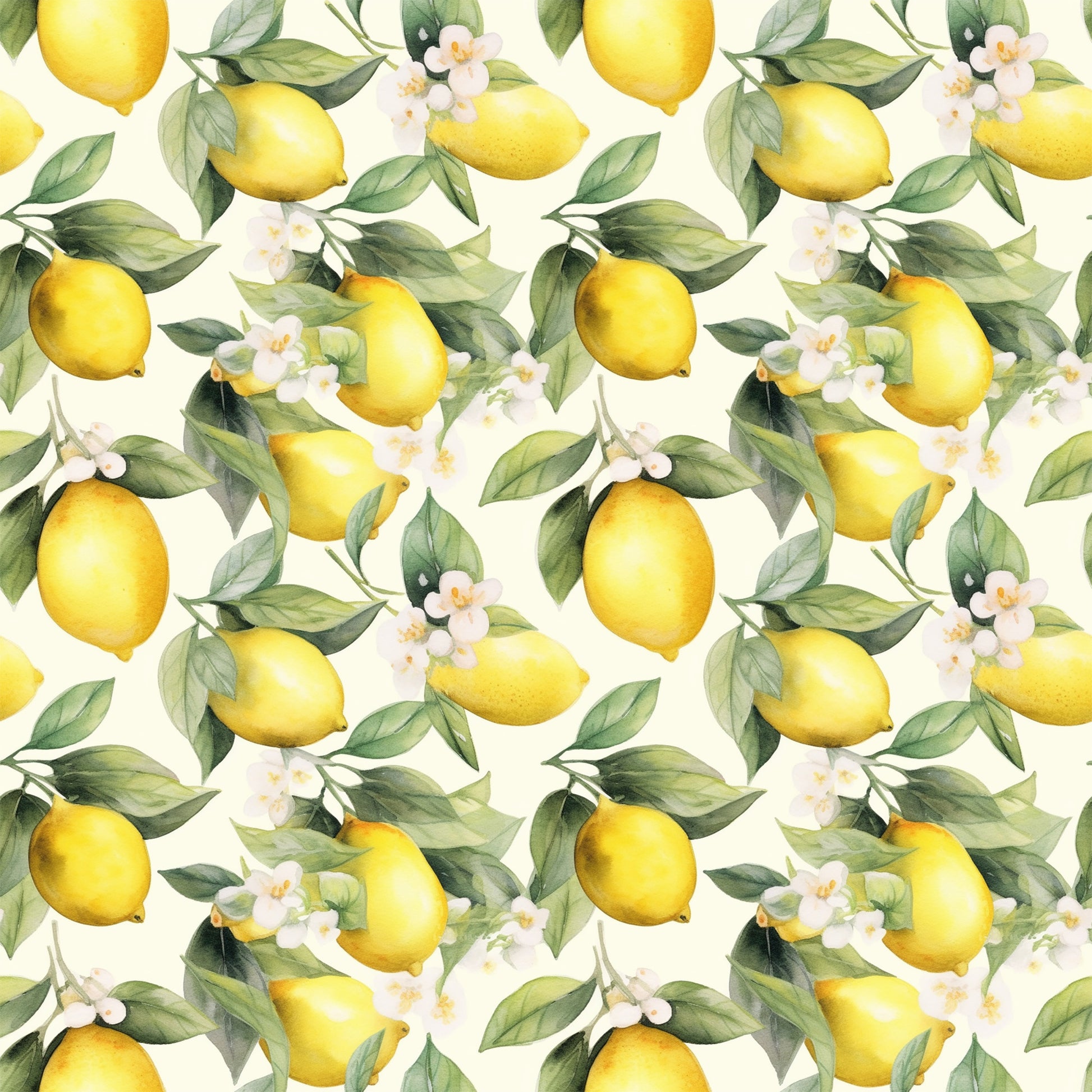 yellow lemons, green leaves, white flowers, cream background, citrus fruit, botanical pattern, repeating design, watercolor style, fresh spring, quilting cotton, fabric panel, floral elements, bright yellow, sage green, nature motif, garden theme, seamless repeat, artistic illustration, lemon blossoms, citrus grove