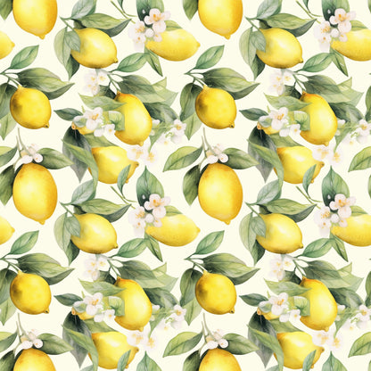 yellow lemons, green leaves, white flowers, cream background, citrus fruit, botanical pattern, repeating design, watercolor style, fresh spring, quilting cotton, fabric panel, floral elements, bright yellow, sage green, nature motif, garden theme, seamless repeat, artistic illustration, lemon blossoms, citrus grove