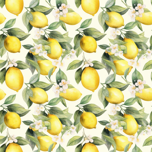 yellow lemons, green leaves, white flowers, cream background, citrus fruit, botanical pattern, repeating design, watercolor style, fresh spring, quilting cotton, fabric panel, floral elements, bright yellow, sage green, nature motif, garden theme, seamless repeat, artistic illustration, lemon blossoms, citrus grove