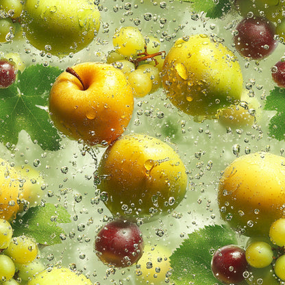 fresh fruits, yellow apples, red cherries, green grapes, water bubbles, splashing water, vibrant colors, realistic photography, juicy fruits, water droplets, green leaves, fruit pattern, quilting cotton, fabric panel, refreshing theme, summer fruits, wet texture, crisp imagery, food motifs, nature design