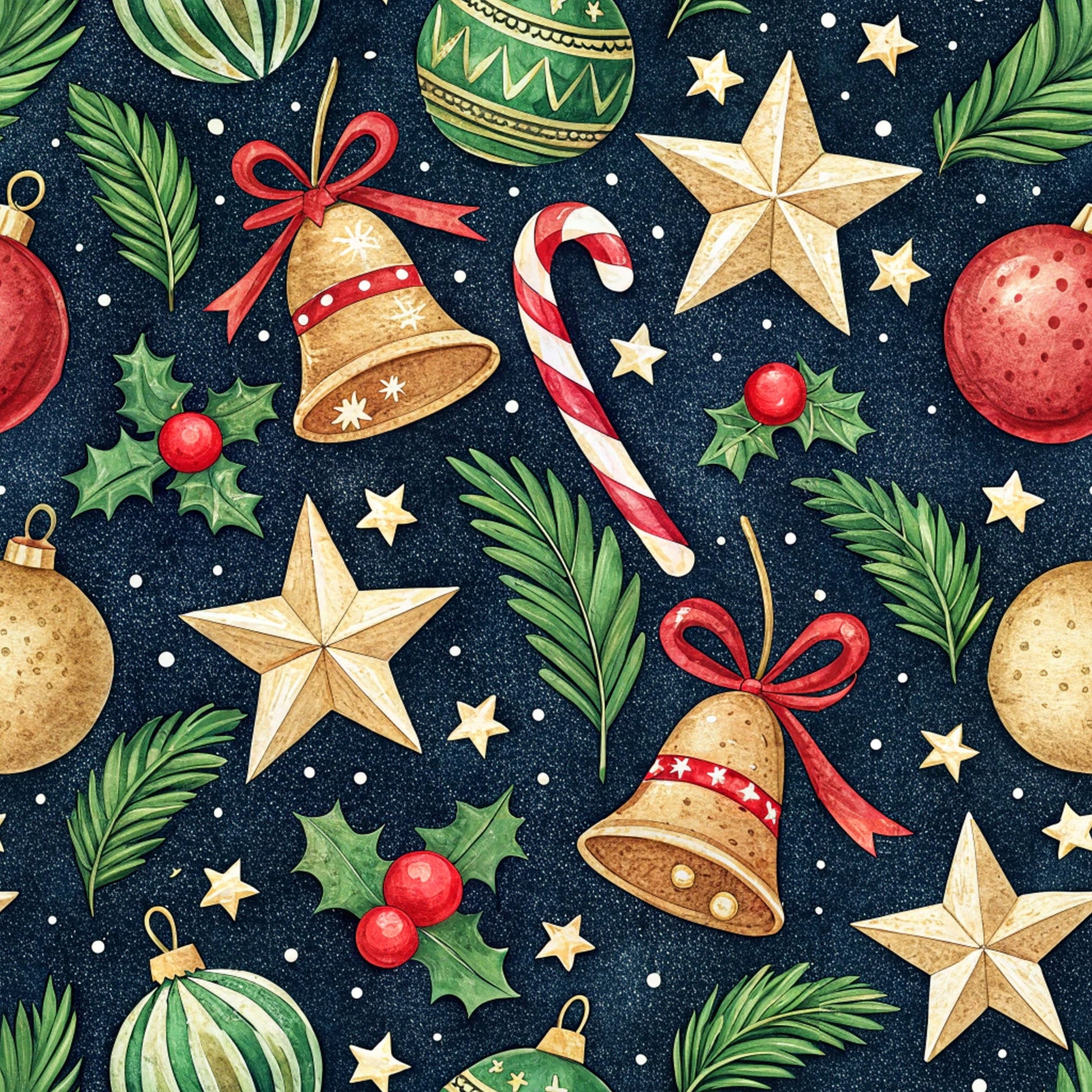 christmas ornaments, navy blue background, red accents, gold bells, candy canes, holly berries, evergreen branches, stars, quilting cotton, fabric panel, holiday pattern, festive design, winter theme, seamless repeat, watercolor style, christmas decorations, red ribbon bows, green foliage, white snowflakes, seasonal motifs