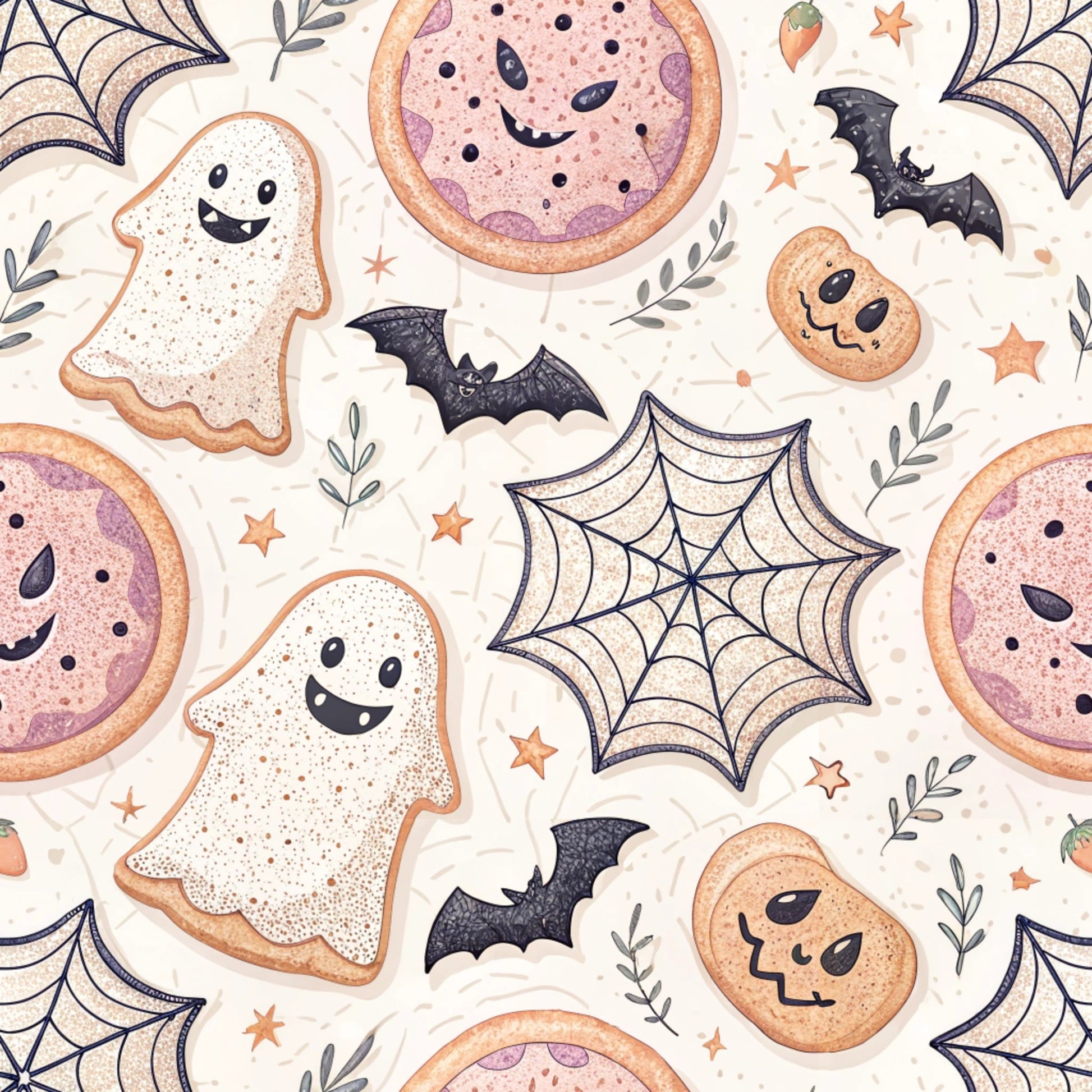 retro halloween, quilting cotton, fabric panel, ghost cookies, bat silhouettes, spider webs, pumpkin cookies, halloween treats, orange accents, purple details, cream background, cute spooky, kawaii style, halloween baking, decorated cookies, botanical elements, star motifs, pastel halloween, whimsical pattern, seasonal fabric