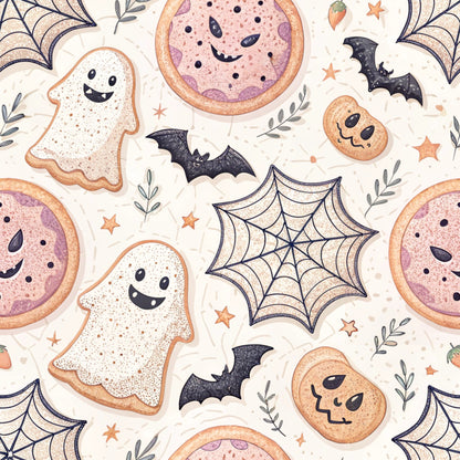 retro halloween, quilting cotton, fabric panel, ghost cookies, bat silhouettes, spider webs, pumpkin cookies, halloween treats, orange accents, purple details, cream background, cute spooky, kawaii style, halloween baking, decorated cookies, botanical elements, star motifs, pastel halloween, whimsical pattern, seasonal fabric