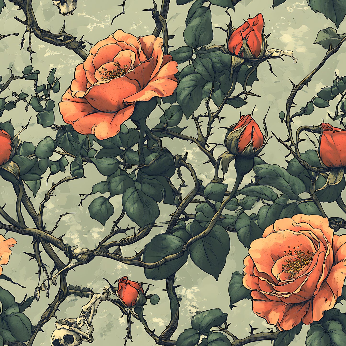 coral roses, red roses, thorny vines, skull motifs, bone elements, gothic floral, vintage botanical, peach blooms, sage green leaves, dark thorns, macabre garden, spooky florals, halloween themed, alternative aesthetic, quilting cotton, fabric panel, detailed illustration, muted background, bramble roses, gothic romance