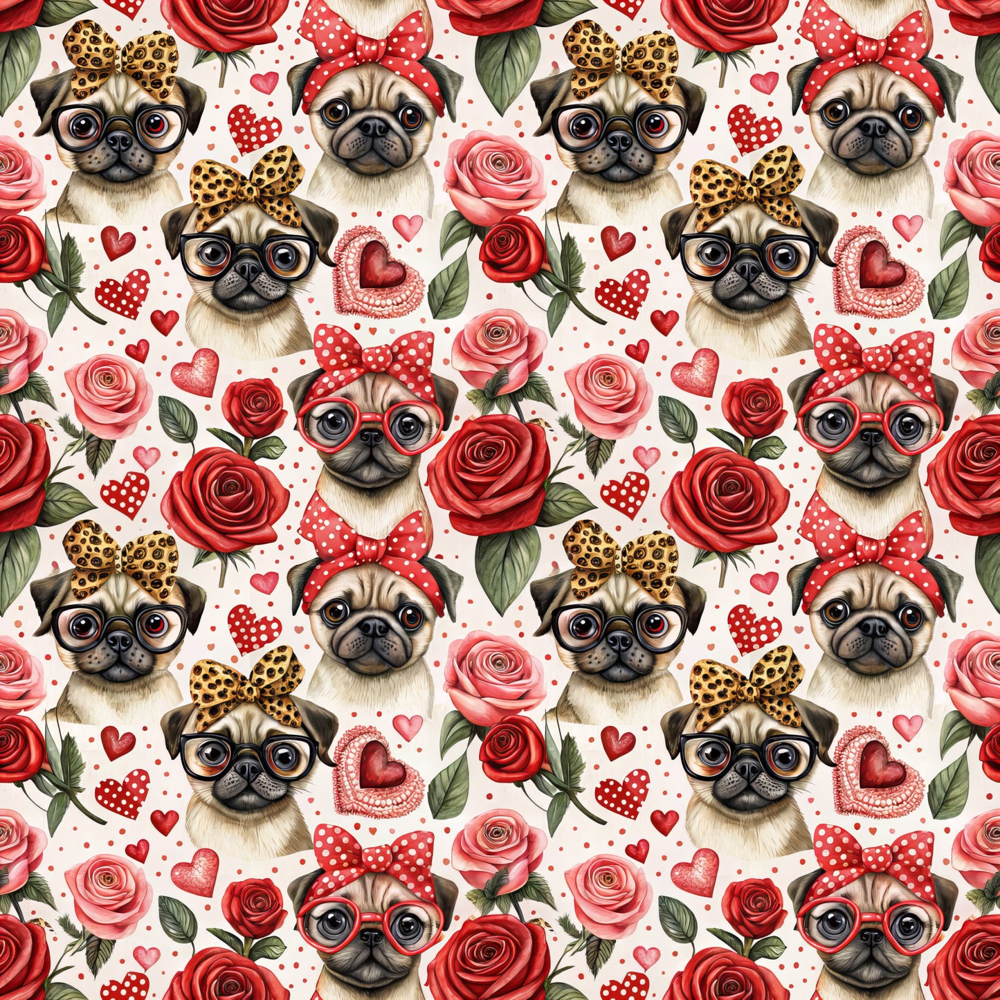 pugs, dogs, roses, red roses, pink roses, hearts, polka dots, leopard print bows, red bows, glasses, eyeglasses, valentine's theme, romantic, floral pattern, repeating pattern, quilting cotton, fabric panel, cute animals, love theme, red and pink palette