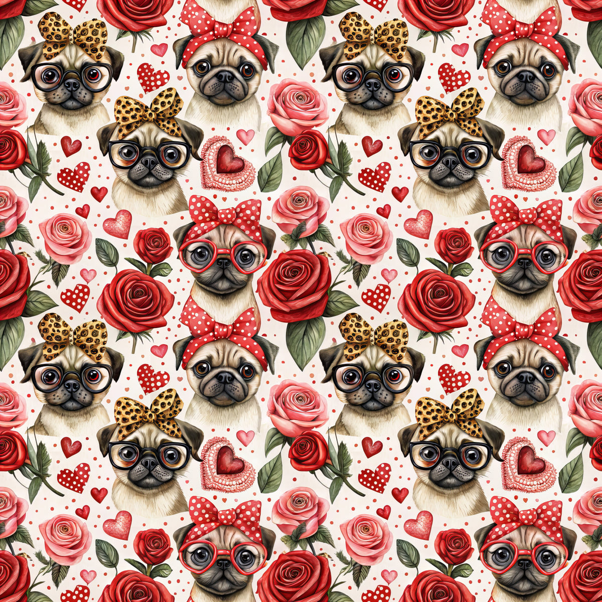 pugs, dogs, roses, red roses, pink roses, hearts, polka dots, leopard print bows, red bows, glasses, eyeglasses, valentine's theme, romantic, floral pattern, repeating pattern, quilting cotton, fabric panel, cute animals, love theme, red and pink palette