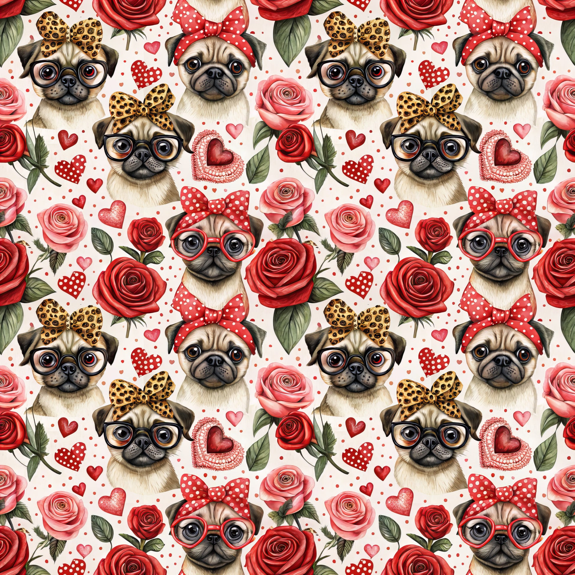 pugs, dogs, roses, red roses, pink roses, hearts, polka dots, leopard print bows, red bows, glasses, eyeglasses, valentine's theme, romantic, floral pattern, repeating pattern, quilting cotton, fabric panel, cute animals, love theme, red and pink palette