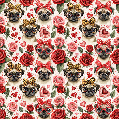 pugs, dogs, roses, red roses, pink roses, hearts, polka dots, leopard print bows, red bows, glasses, eyeglasses, valentine's theme, romantic, floral pattern, repeating pattern, quilting cotton, fabric panel, cute animals, love theme, red and pink palette