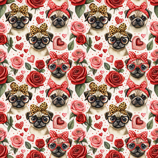 pugs, dogs, roses, red roses, pink roses, hearts, polka dots, leopard print bows, red bows, glasses, eyeglasses, valentine's theme, romantic, floral pattern, repeating pattern, quilting cotton, fabric panel, cute animals, love theme, red and pink palette