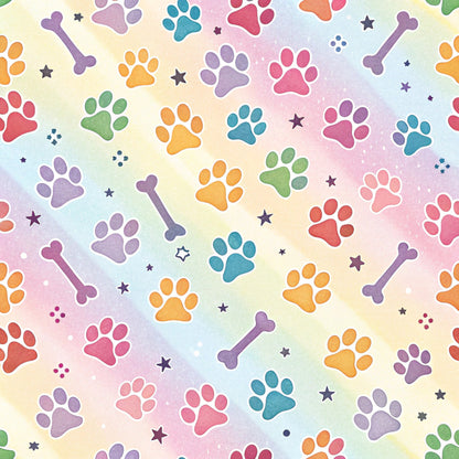 dog paws, paw prints, bone shapes, pastel rainbow, watercolor background, purple bones, colorful paws, stars scattered, quilting cotton, fabric panel, pet theme, whimsical pattern, soft pastels, pink paws, blue paws, orange paws, green paws, playful design, animal prints, scattered motifs