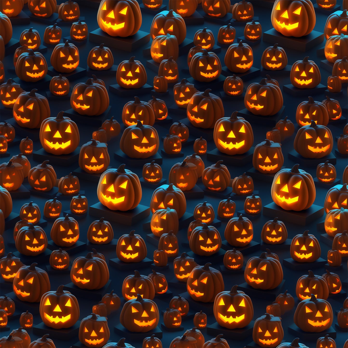 orange, black, dark blue, jack-o-lanterns, pumpkins, carved faces, glowing eyes, halloween pattern, spooky, quilting cotton, fabric panel, seasonal, autumn, trick-or-treat, festive, scattered design, horror theme, october, carved pumpkins, eerie glow