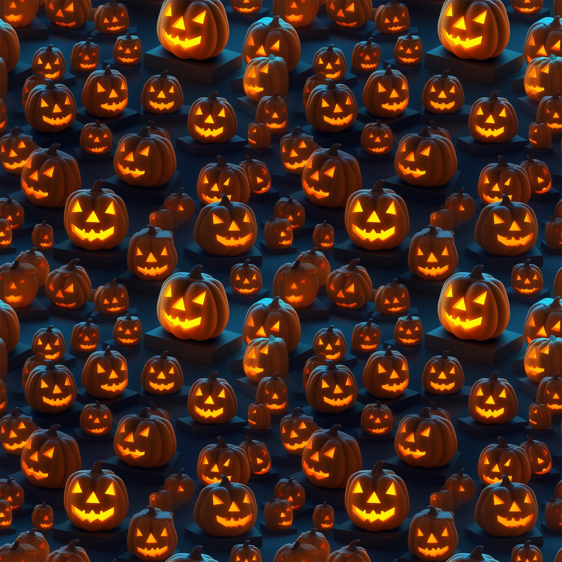 orange, black, dark blue, jack-o-lanterns, pumpkins, carved faces, glowing eyes, halloween pattern, spooky, quilting cotton, fabric panel, seasonal, autumn, trick-or-treat, festive, scattered design, horror theme, october, carved pumpkins, eerie glow