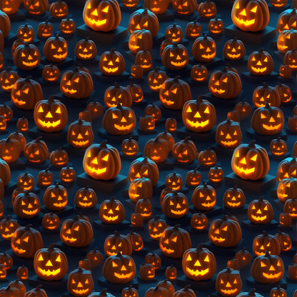 orange, black, dark blue, jack-o-lanterns, pumpkins, carved faces, glowing eyes, halloween pattern, spooky, quilting cotton, fabric panel, seasonal, autumn, trick-or-treat, festive, scattered design, horror theme, october, carved pumpkins, eerie glow