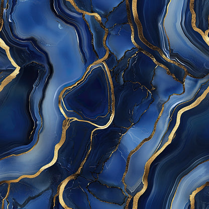 royal blue, navy blue, gold, metallic gold, agate pattern, geode design, marble texture, flowing lines, organic shapes, mineral pattern, geological formation, luxurious, elegant, swirling, veined, crystalline, quilting cotton, fabric panel, natural stone, abstract design