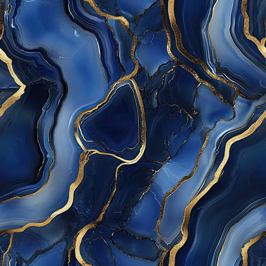 royal blue, navy blue, gold, metallic gold, agate pattern, geode design, marble texture, flowing lines, organic shapes, mineral pattern, geological formation, luxurious, elegant, swirling, veined, crystalline, quilting cotton, fabric panel, natural stone, abstract design