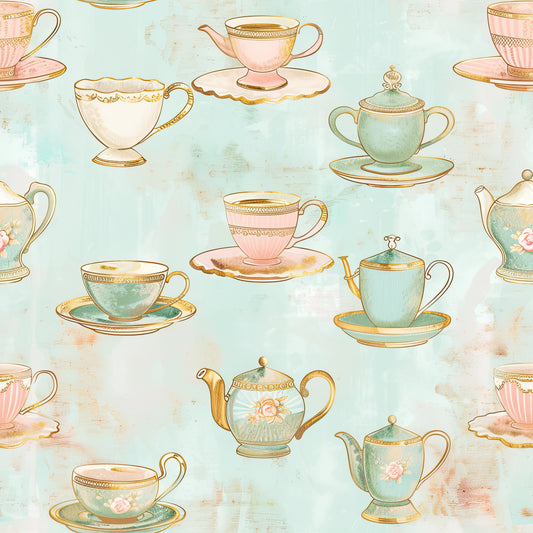 mint green, soft pink, gold accents, teacups, saucers, teapots, floral motifs, vintage china, pastel watercolor, whimsical illustration, tea party theme, delicate patterns, quilting cotton, fabric panel, shabby chic, feminine design, repeating pattern, elegant tableware, soft background, romantic style