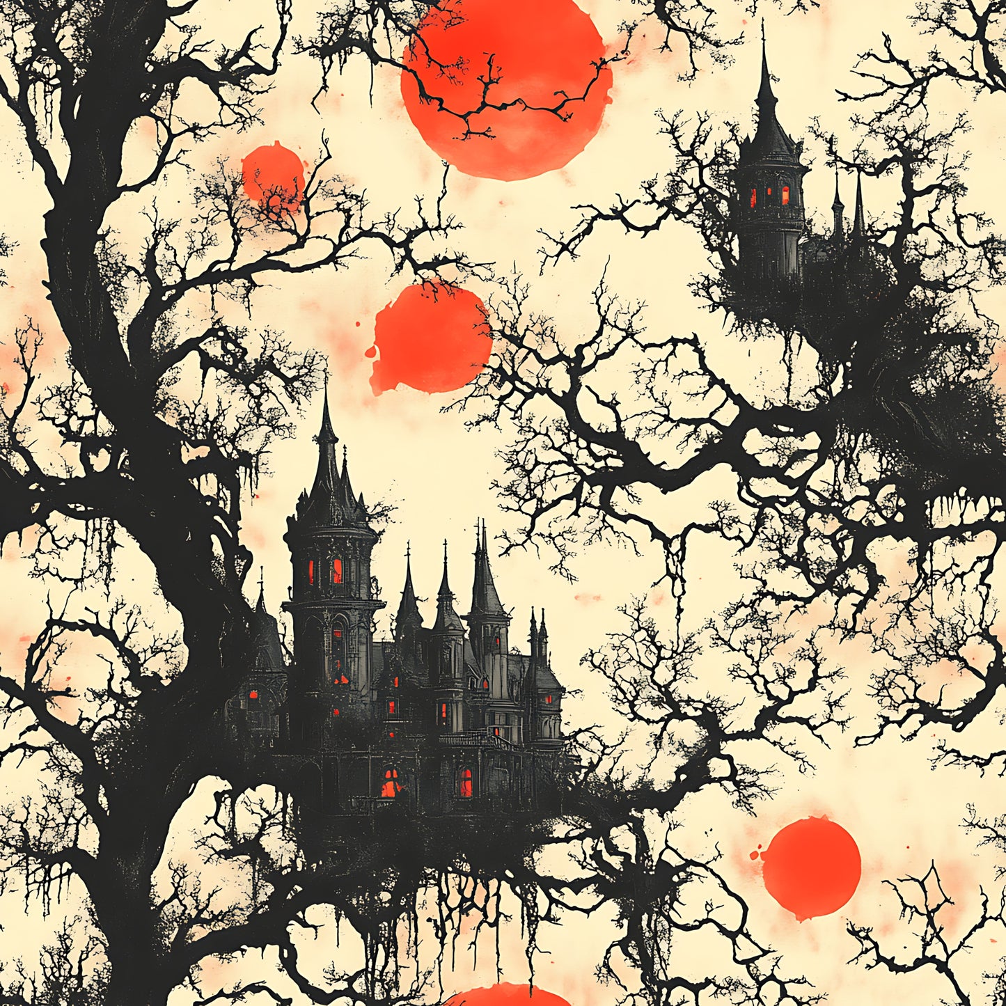blood moon, gothic castle, bare trees, spooky manor, red orbs, black silhouettes, cream background, haunted house, eerie atmosphere, quilting cotton, fabric panel, halloween theme, dark fantasy, twisted branches, glowing windows, supernatural scene, horror aesthetic, autumn mood, gothic architecture, mysterious landscape