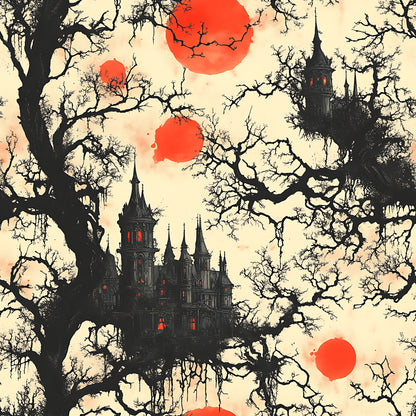 blood moon, gothic castle, bare trees, spooky manor, red orbs, black silhouettes, cream background, haunted house, eerie atmosphere, quilting cotton, fabric panel, halloween theme, dark fantasy, twisted branches, glowing windows, supernatural scene, horror aesthetic, autumn mood, gothic architecture, mysterious landscape