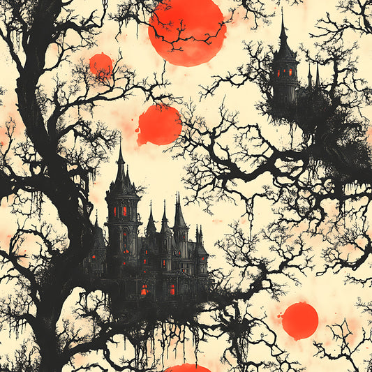 blood moon, gothic castle, bare trees, spooky manor, red orbs, black silhouettes, cream background, haunted house, eerie atmosphere, quilting cotton, fabric panel, halloween theme, dark fantasy, twisted branches, glowing windows, supernatural scene, horror aesthetic, autumn mood, gothic architecture, mysterious landscape