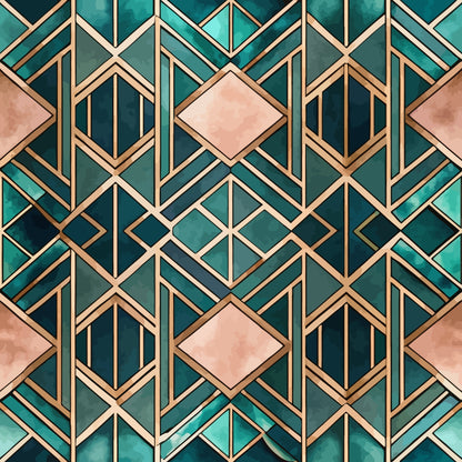 teal, emerald green, coral pink, rose gold, geometric pattern, art deco, diamond shapes, hexagonal motifs, angular lines, metallic accents, quilting cotton, fabric panel, sophisticated design, vintage style, jewel tones, repeating pattern, ornamental design, luxury aesthetic, structured geometry, decorative motifs