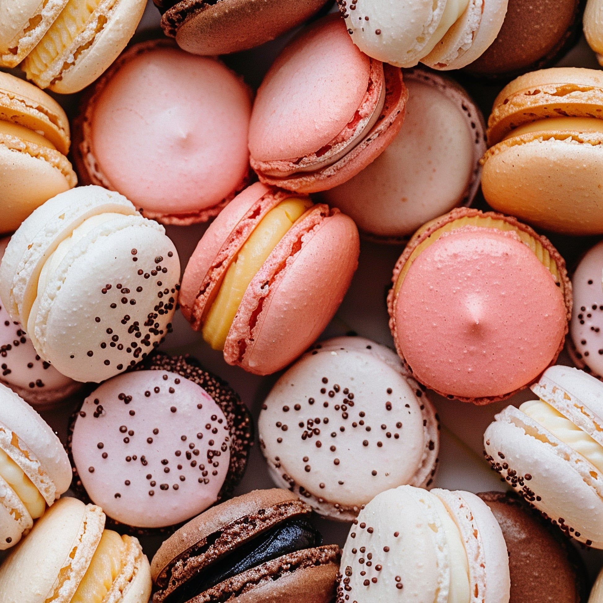 macarons, french pastries, pink, coral, white, cream, chocolate brown, beige, dessert pattern, sweet treats, food motif, colorful cookies, sandwich cookies, sprinkles, bakery theme, quilting cotton, fabric panel, delicate pastels, confectionery design, culinary print