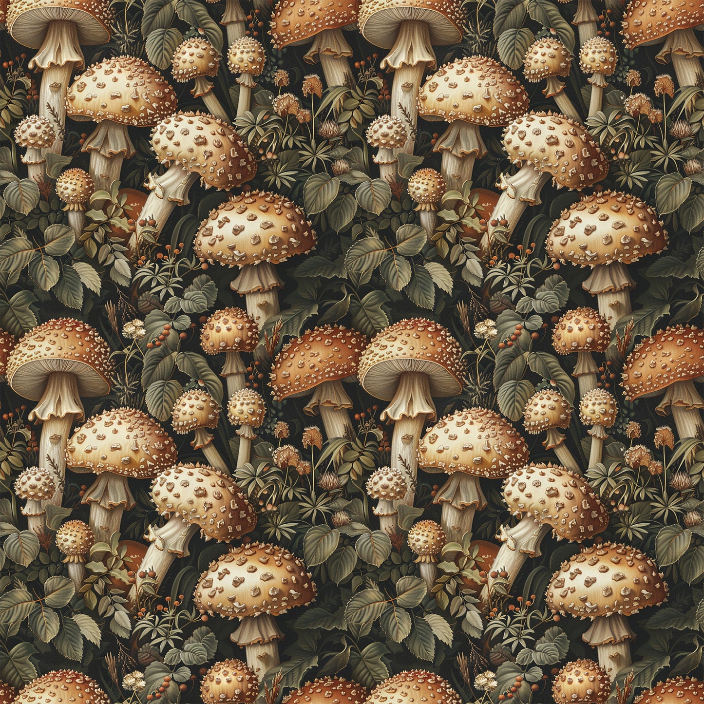mushrooms, botanical, retro, vintage style, forest fungi, spotted mushrooms, woodland plants, leaves, foliage, earth tones, brown, cream, beige, olive green, repeating pattern, nature motif, quilting cotton, fabric panel, detailed illustration, natural history