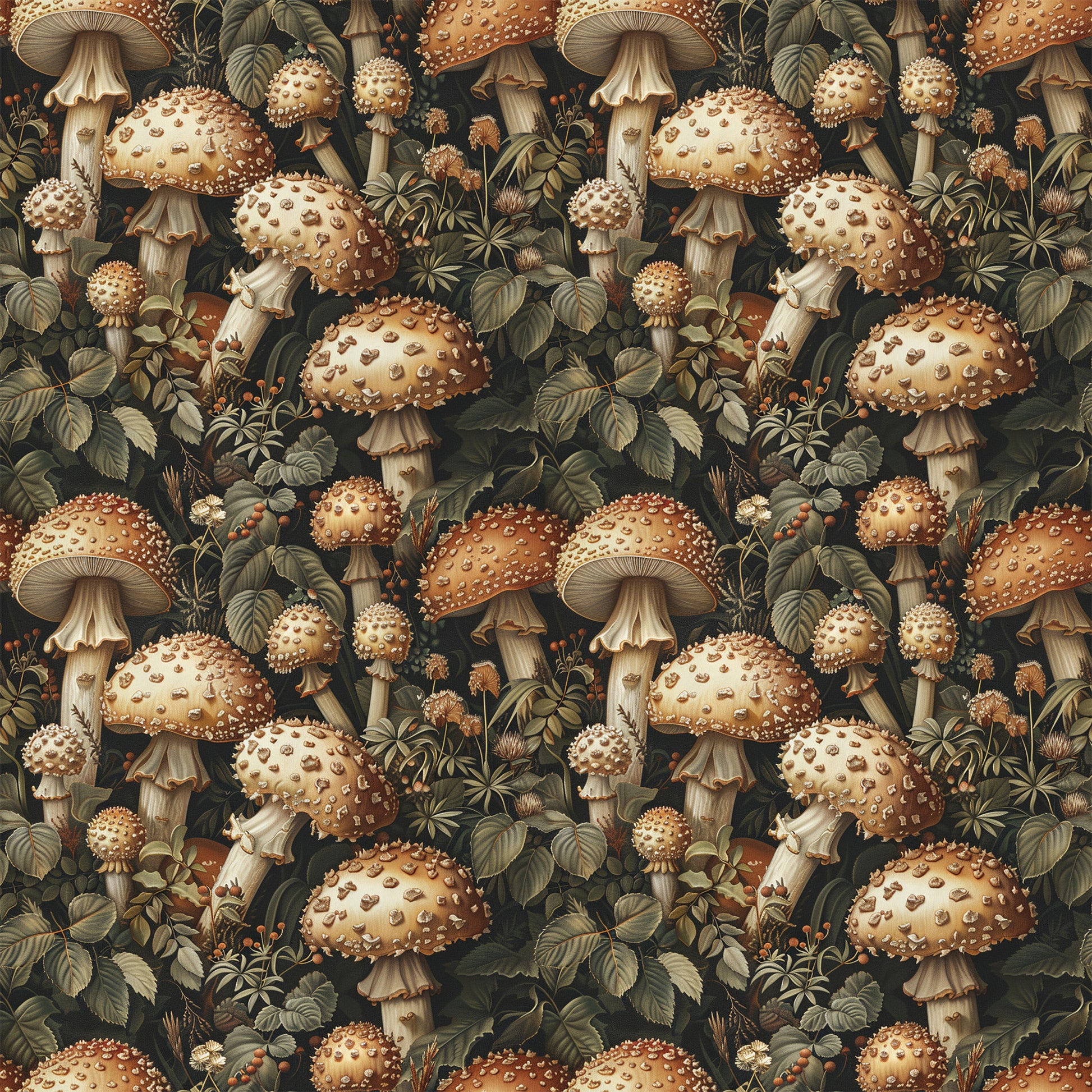 mushrooms, botanical, retro, vintage style, forest fungi, spotted mushrooms, woodland plants, leaves, foliage, earth tones, brown, cream, beige, olive green, repeating pattern, nature motif, quilting cotton, fabric panel, detailed illustration, natural history