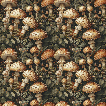 mushrooms, botanical, retro, vintage style, forest fungi, spotted mushrooms, woodland plants, leaves, foliage, earth tones, brown, cream, beige, olive green, repeating pattern, nature motif, quilting cotton, fabric panel, detailed illustration, natural history
