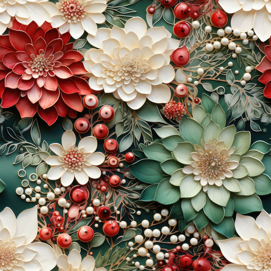 christmas florals, quilting cotton, fabric panel, red flowers, white blooms, cream petals, sage green leaves, burgundy berries, pearl beads, dimensional flowers, layered petals, botanical design, holiday floral, festive colors, craft fabric, sewing material, floral arrangement, winter botanicals, decorative berries, textured petals