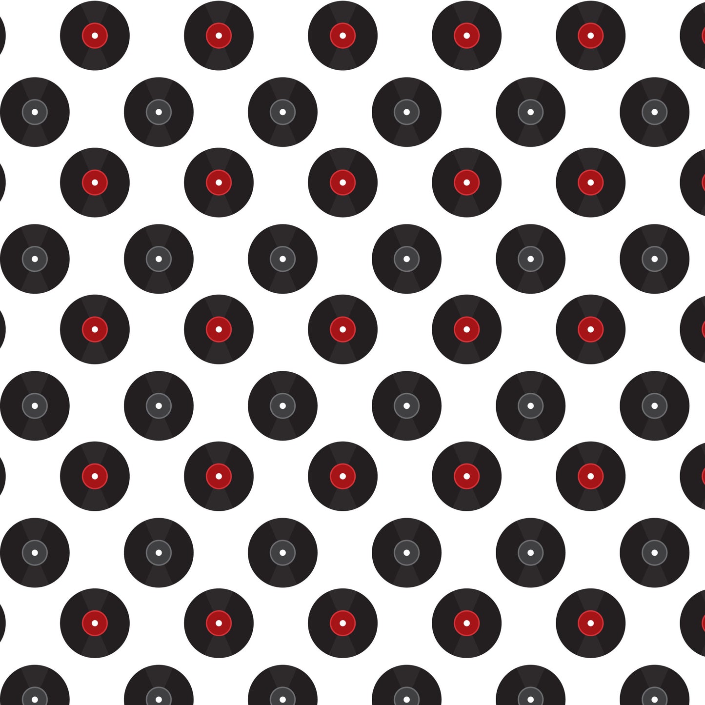 black, red, white, vinyl records, retro pattern, 1950s style, diner theme, alternating rows, geometric design, nostalgic, mid-century, music motif, repetitive pattern, quilting cotton, fabric panel, rockabilly, jukebox era, americana, vintage inspired
