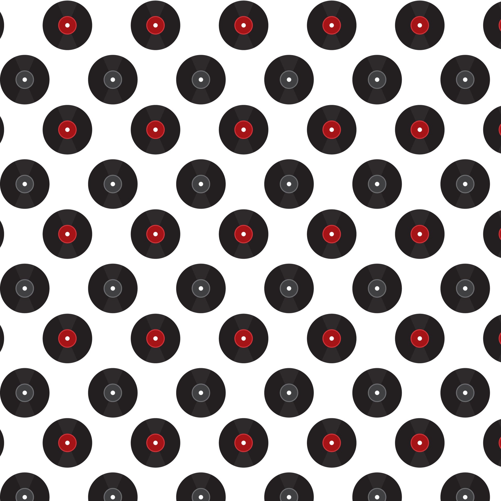 black, red, white, vinyl records, retro pattern, 1950s style, diner theme, alternating rows, geometric design, nostalgic, mid-century, music motif, repetitive pattern, quilting cotton, fabric panel, rockabilly, jukebox era, americana, vintage inspired
