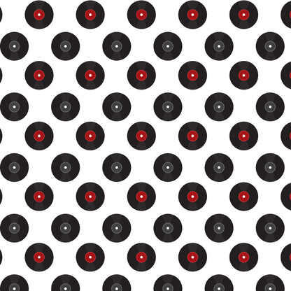 black, red, white, vinyl records, retro pattern, 1950s style, diner theme, alternating rows, geometric design, nostalgic, mid-century, music motif, repetitive pattern, quilting cotton, fabric panel, rockabilly, jukebox era, americana, vintage inspired