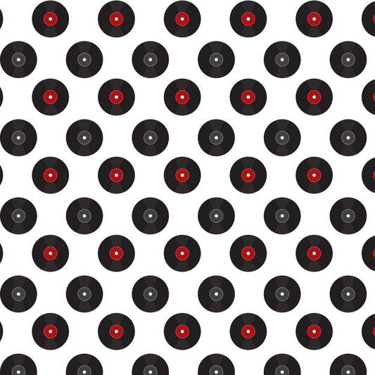 black, red, white, vinyl records, retro pattern, 1950s style, diner theme, alternating rows, geometric design, nostalgic, mid-century, music motif, repetitive pattern, quilting cotton, fabric panel, rockabilly, jukebox era, americana, vintage inspired