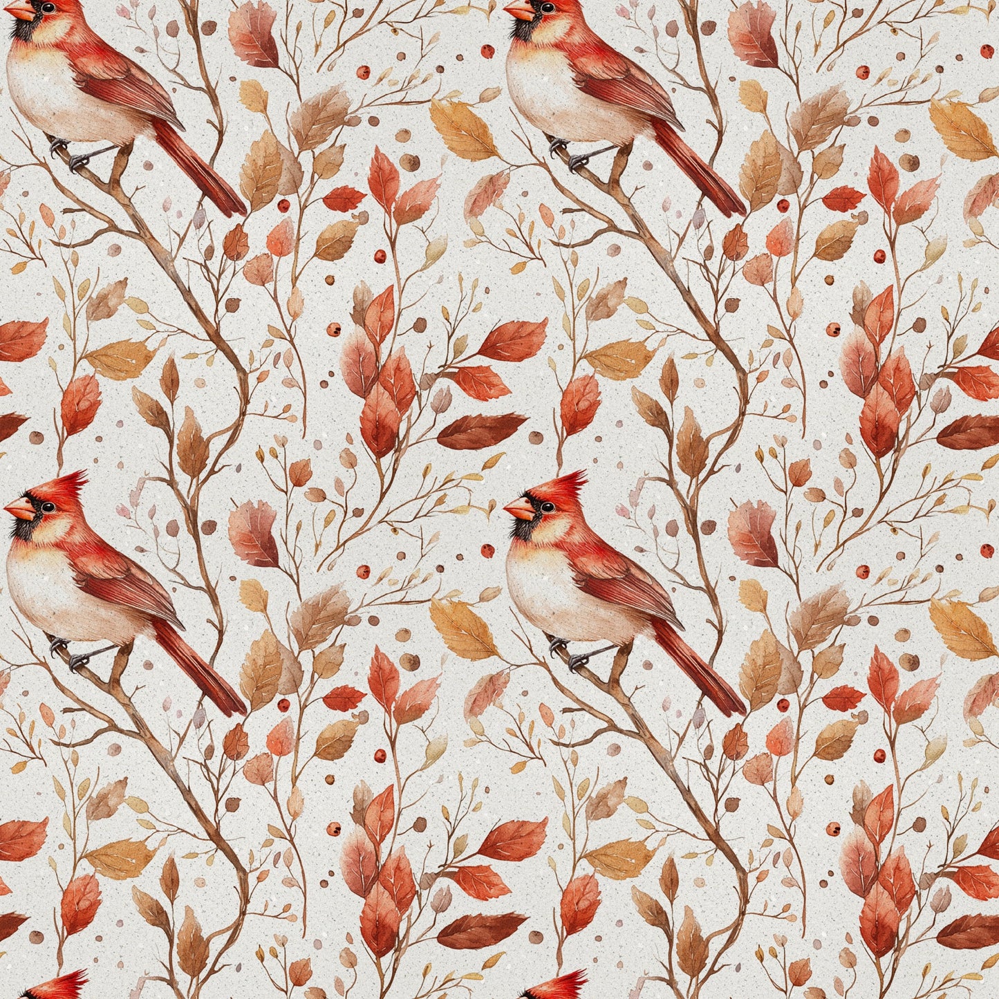 red cardinals, autumn leaves, watercolor style, quilting cotton, fabric panel, bird pattern, fall foliage, russet brown, coral red, cream background, nature design, botanical elements, seasonal pattern, winter birds, orange leaves, delicate artwork, repeating motif, craft fabric, wildlife theme, warm tones