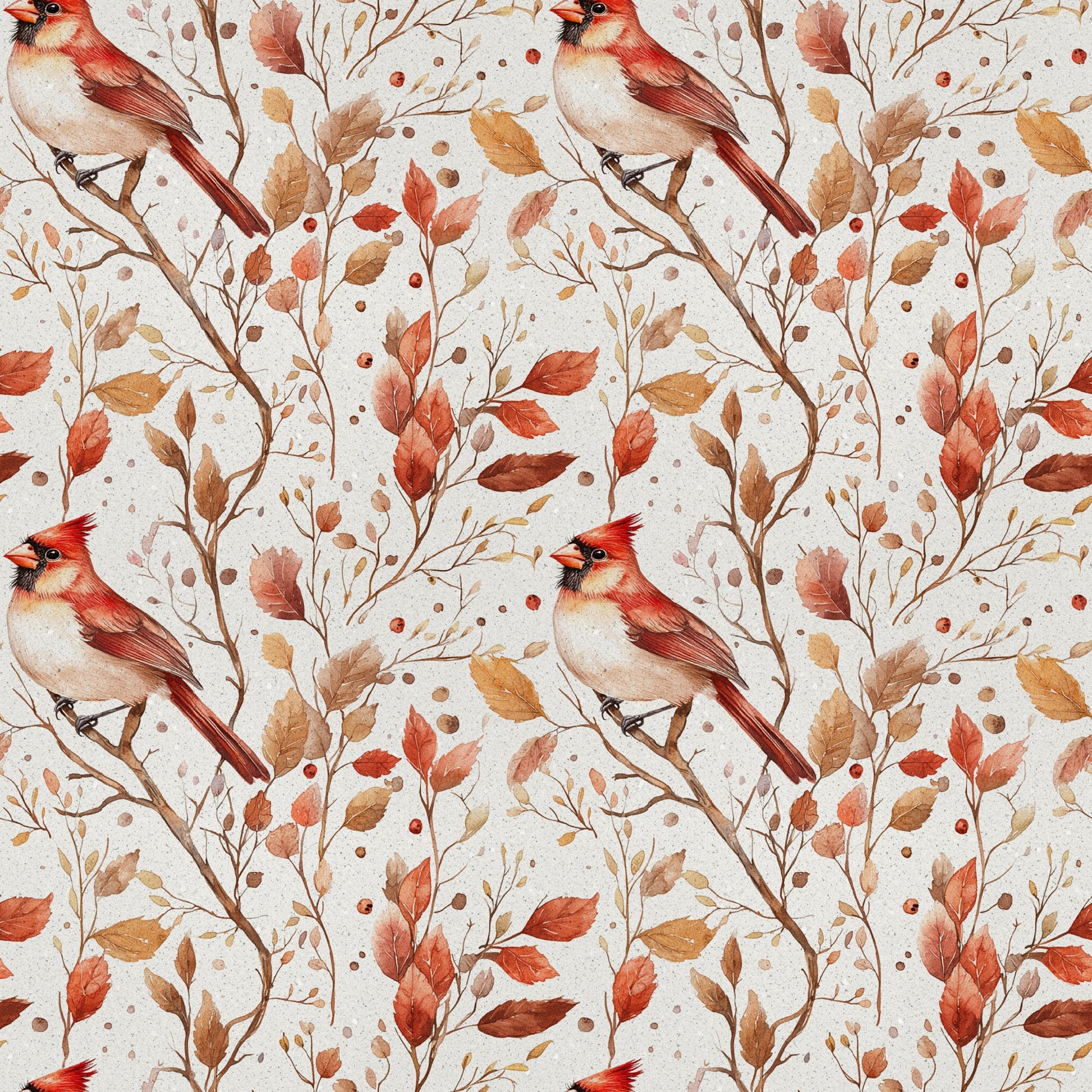 red cardinals, autumn leaves, watercolor style, quilting cotton, fabric panel, bird pattern, fall foliage, russet brown, coral red, cream background, nature design, botanical elements, seasonal pattern, winter birds, orange leaves, delicate artwork, repeating motif, craft fabric, wildlife theme, warm tones