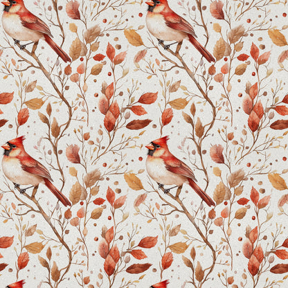 red cardinals, autumn leaves, watercolor style, quilting cotton, fabric panel, bird pattern, fall foliage, russet brown, coral red, cream background, nature design, botanical elements, seasonal pattern, winter birds, orange leaves, delicate artwork, repeating motif, craft fabric, wildlife theme, warm tones