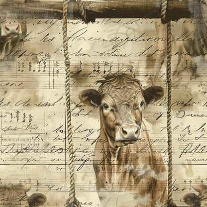 sepia tones, beige, cream, brown, cow portrait, farm animal, rope border, vintage style, musical notes, handwritten script, aged paper, rustic charm, quilting cotton, fabric panel, country theme, pastoral scene, antique finish, weathered texture, farmhouse aesthetic