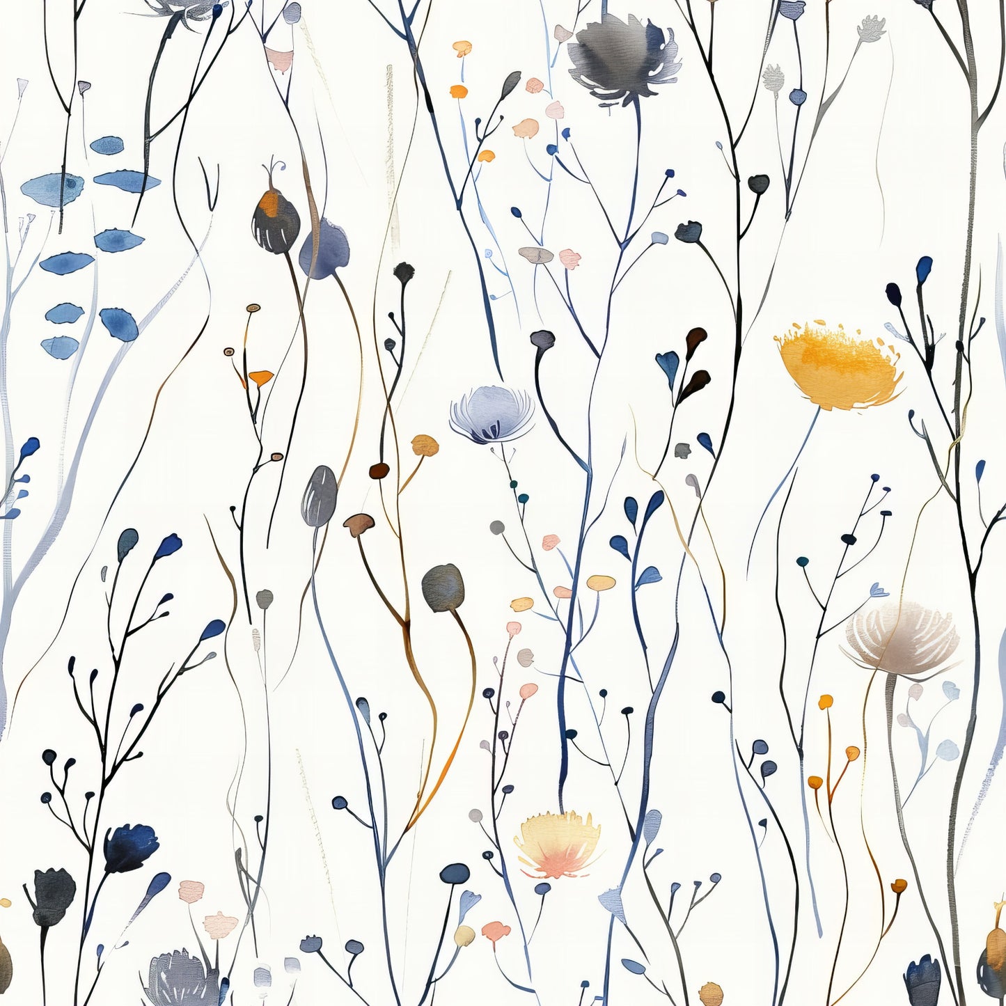 wildflowers, meadow pattern, botanical design, hand drawn, watercolor style, navy blue, sage green, coral pink, golden yellow, delicate stems, floral motifs, nature inspired, whimsical flowers, organic shapes, quilting cotton, fabric panel, soft pastels, artistic brushstrokes, garden blooms, contemporary floral