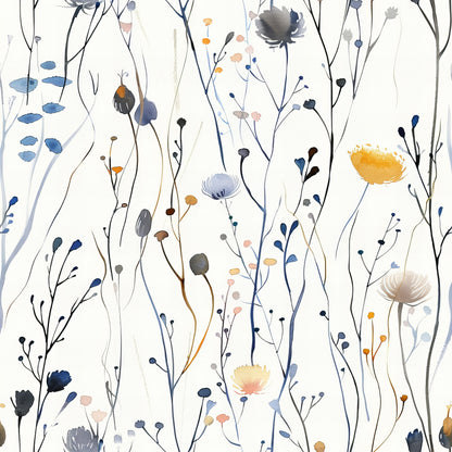 wildflowers, meadow pattern, botanical design, hand drawn, watercolor style, navy blue, sage green, coral pink, golden yellow, delicate stems, floral motifs, nature inspired, whimsical flowers, organic shapes, quilting cotton, fabric panel, soft pastels, artistic brushstrokes, garden blooms, contemporary floral