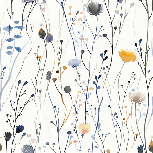 wildflowers, meadow pattern, botanical design, hand drawn, watercolor style, navy blue, sage green, coral pink, golden yellow, delicate stems, floral motifs, nature inspired, whimsical flowers, organic shapes, quilting cotton, fabric panel, soft pastels, artistic brushstrokes, garden blooms, contemporary floral
