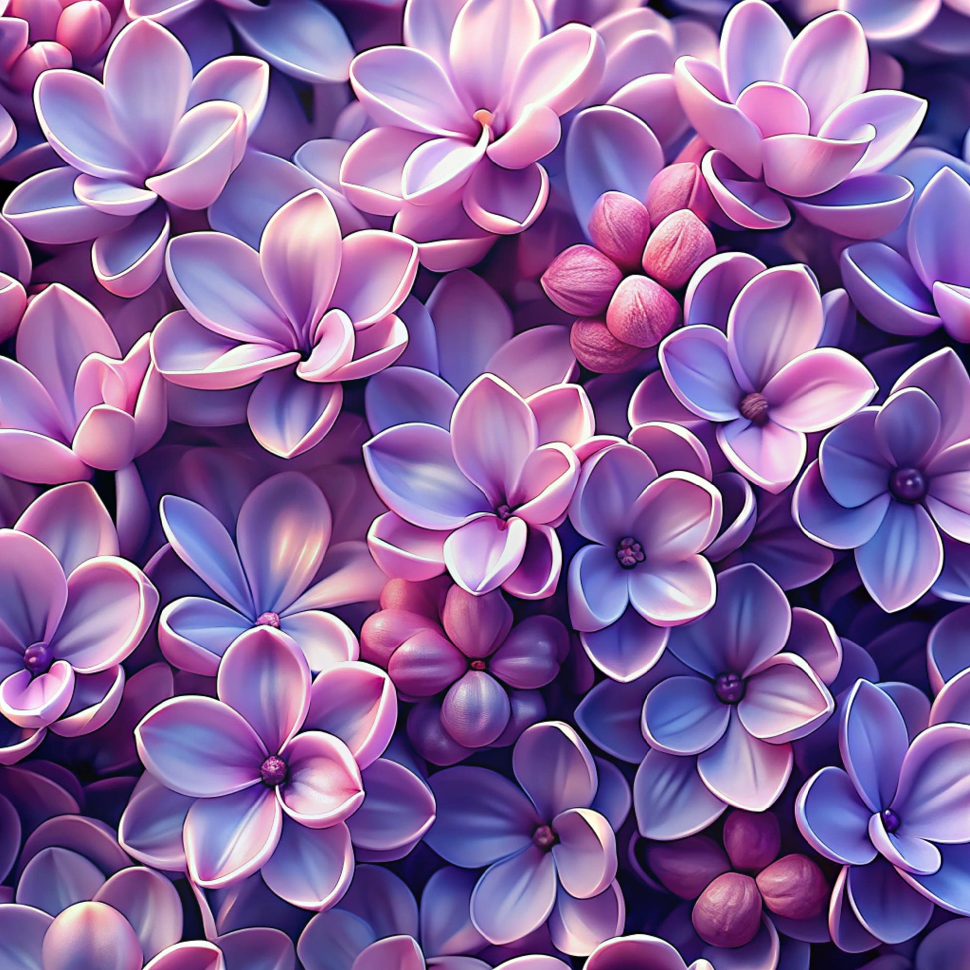 purple flowers, pink blossoms, lilac petals, magenta hues, lavender tones, realistic florals, botanical pattern, clustered blooms, flower buds, nature design, quilting cotton, fabric panel, spring motif, garden theme, detailed petals, floral arrangement, vibrant colors, seamless pattern, botanical illustration, dense florals
