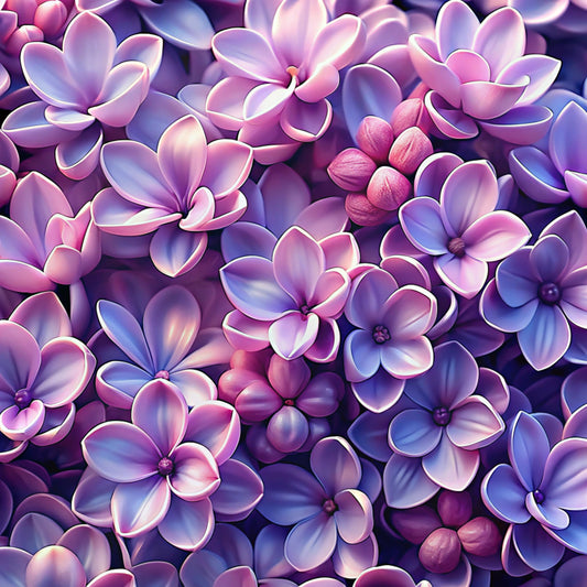 purple flowers, pink blossoms, lilac petals, magenta hues, lavender tones, realistic florals, botanical pattern, clustered blooms, flower buds, nature design, quilting cotton, fabric panel, spring motif, garden theme, detailed petals, floral arrangement, vibrant colors, seamless pattern, botanical illustration, dense florals