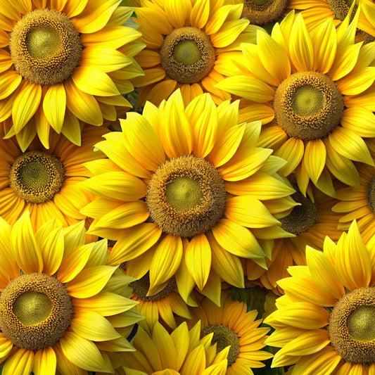 golden yellow, bright yellow, amber, sunflowers, realistic flowers, floral pattern, botanical design, nature motif, summer blooms, overlapping flowers, detailed petals, brown centers, seed heads, quilting cotton, fabric panel, vibrant colors, cheerful mood, densely packed, photorealistic style, garden flowers