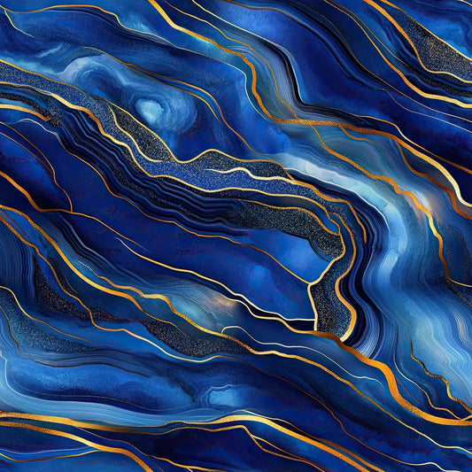 royal blue, deep blue, navy blue, gold, metallic gold, orange accents, agate pattern, marble effect, swirling lines, fluid design, geode inspired, mineral pattern, abstract design, luxurious, elegant, flowing curves, quilting cotton, fabric panel, sophisticated, natural stone