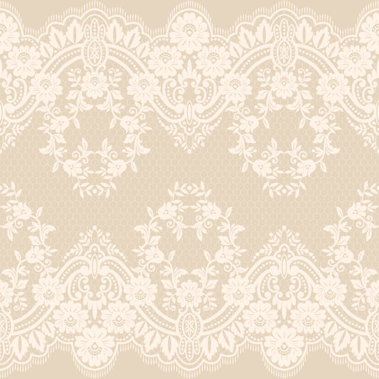 beige, cream, white, lace pattern, victorian lace, ornate design, floral motifs, delicate scrollwork, vintage style, romantic pattern, quilting cotton, fabric panel, intricate details, soft tones, elegant design, decorative border, feminine aesthetic, tea party theme, neutral palette